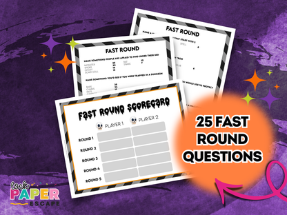 Set of Halloween feud game cards with 'Fast Round' questions and scorecard on a purple background