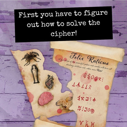 Decorative scroll with text and symbols on a purple wooden surface