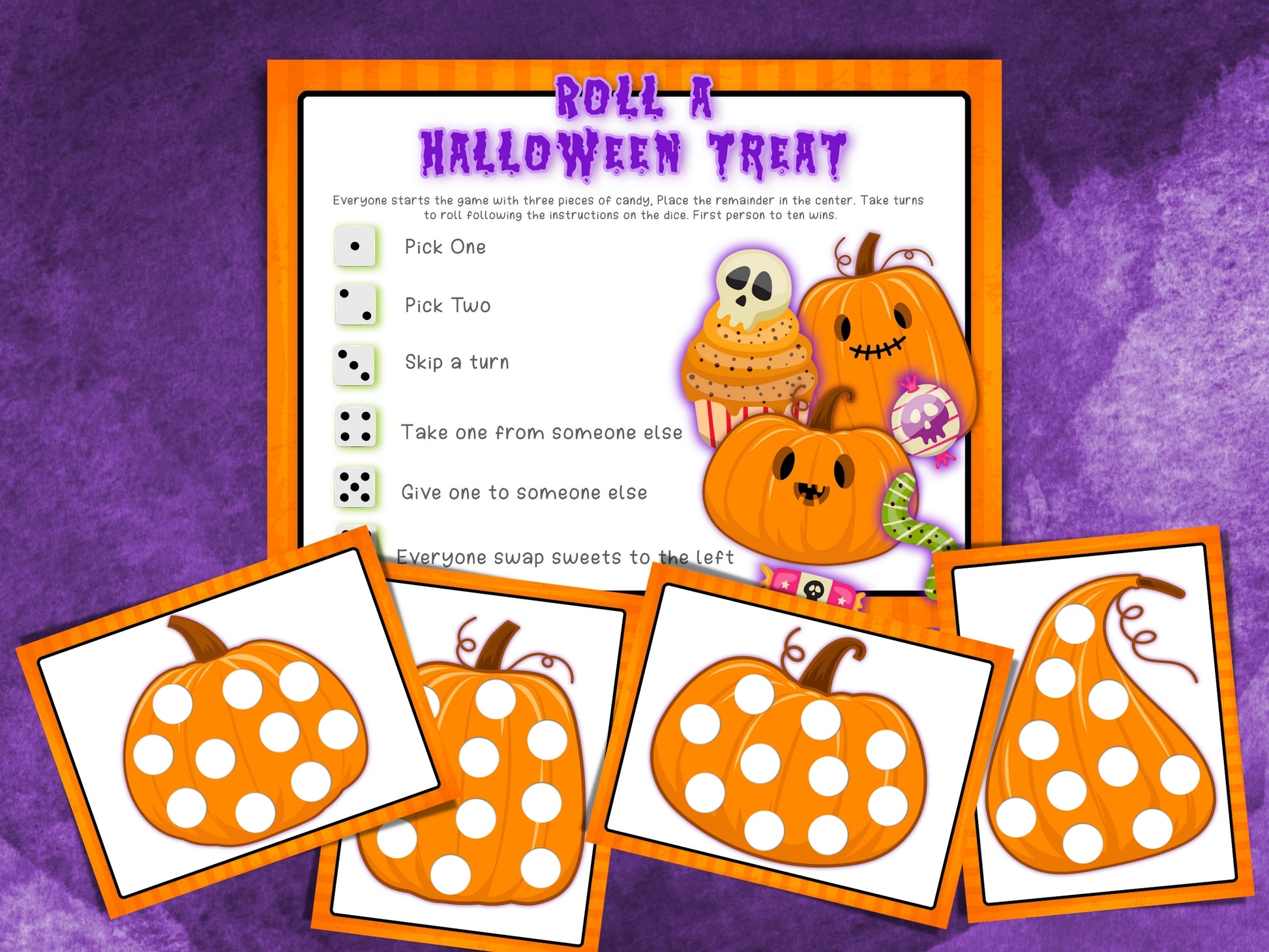 Halloween-themed candy dice game with pumpkins and a rule sheet on a purple background