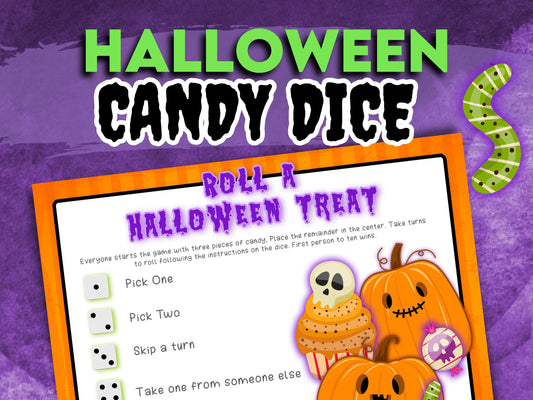 Halloween candy dice game with pumpkins and ghosts on a purple background