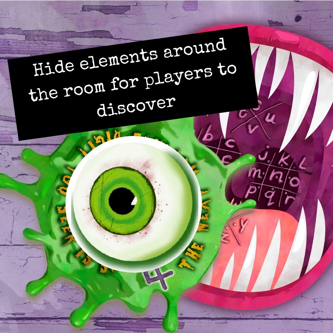 Spooky eyeball escape room puzzle on green slime.