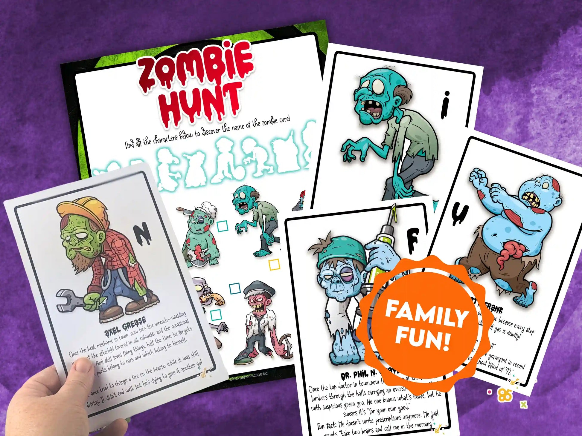 Zombie-themed scavenger hunt cards with a hand holding one card on a purple background