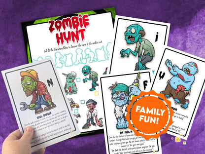 Zombie-themed scavenger hunt cards with a hand holding one card on a purple background