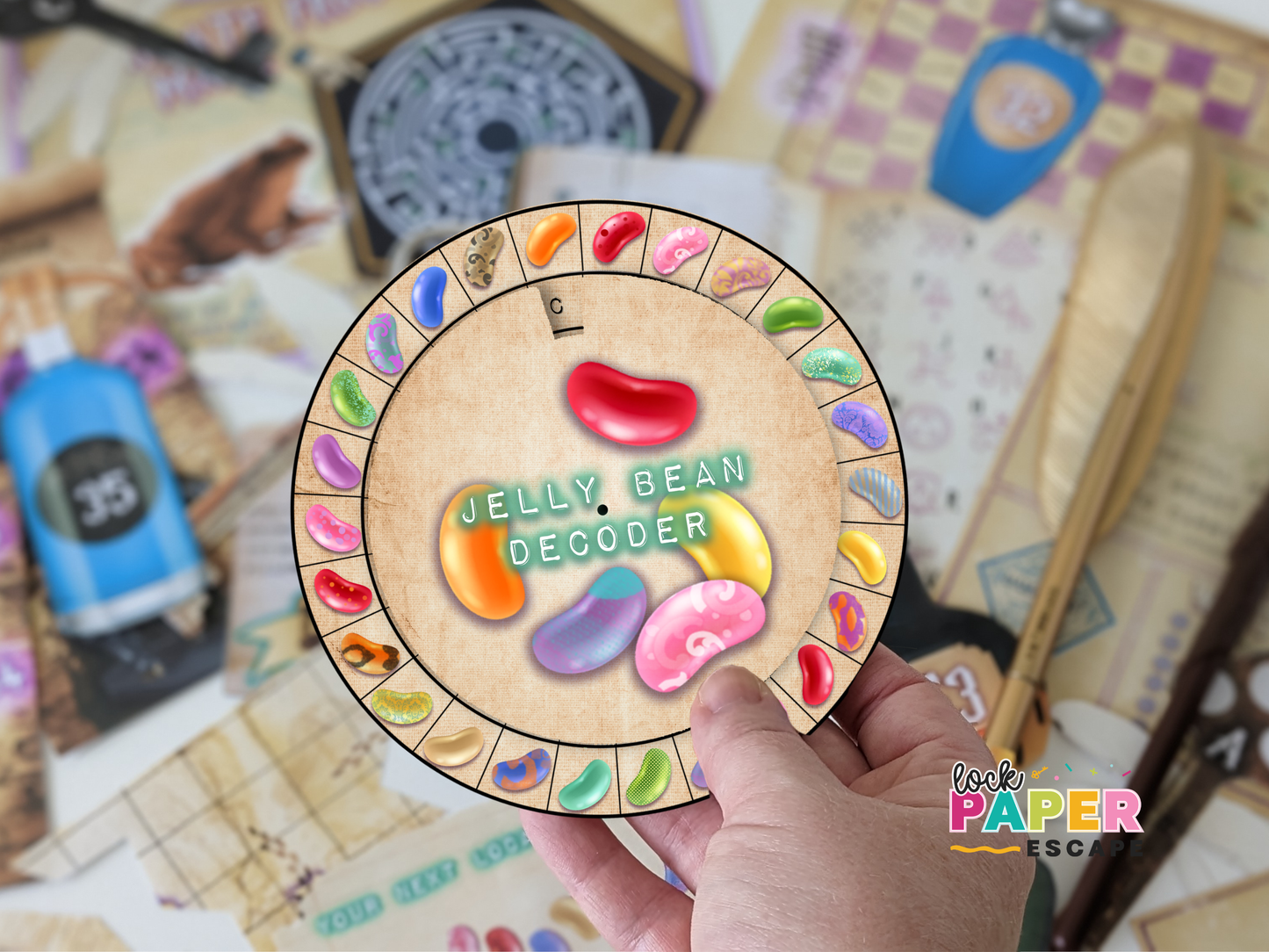 Jelly Bean Decoder card held over a game material with colorful jelly bean illustrations.
