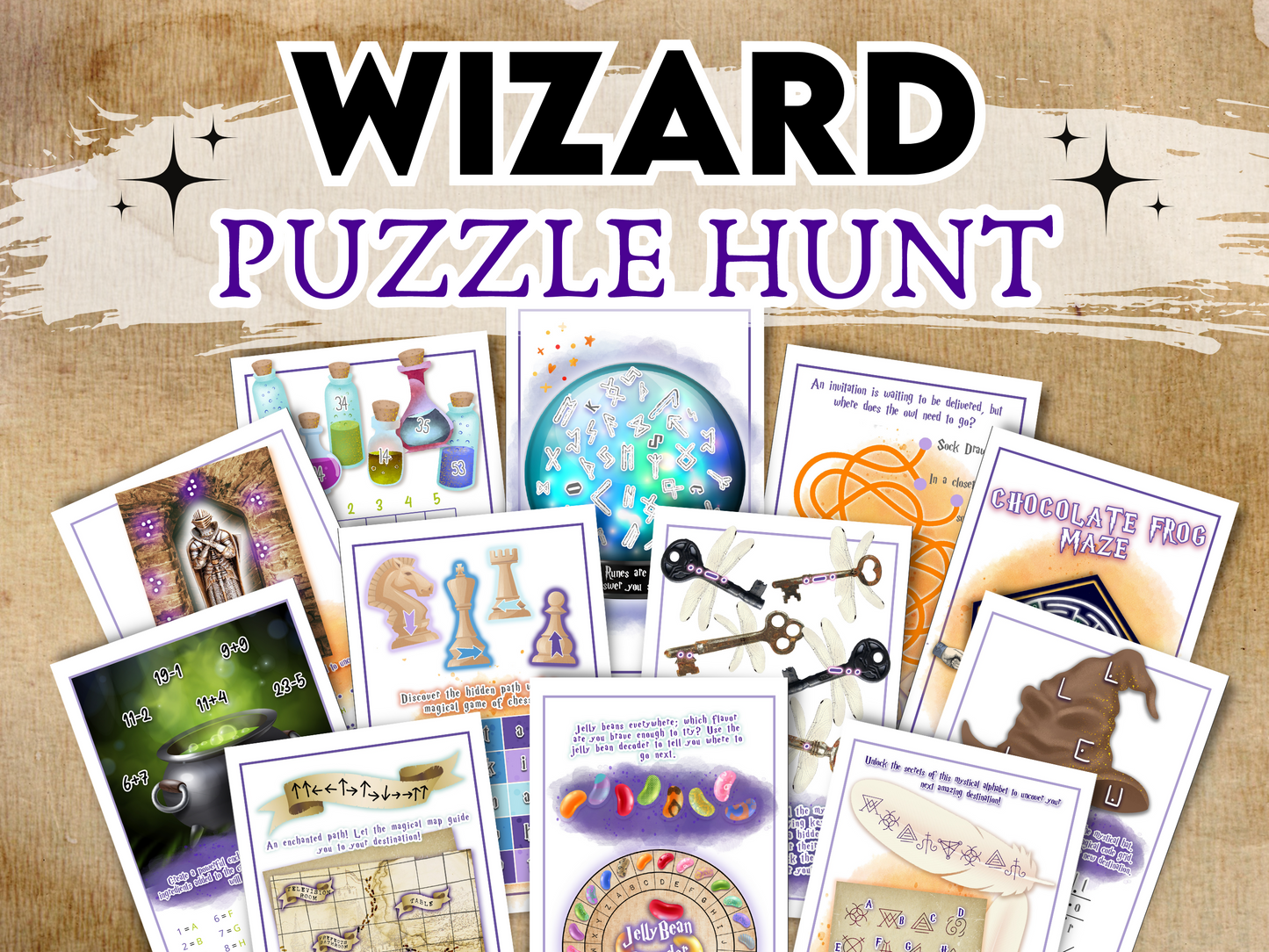 Promotional image for a Wizard Puzzle Treasure Hunt game, featuring various puzzle cards with wizardry-themed illustrations.
