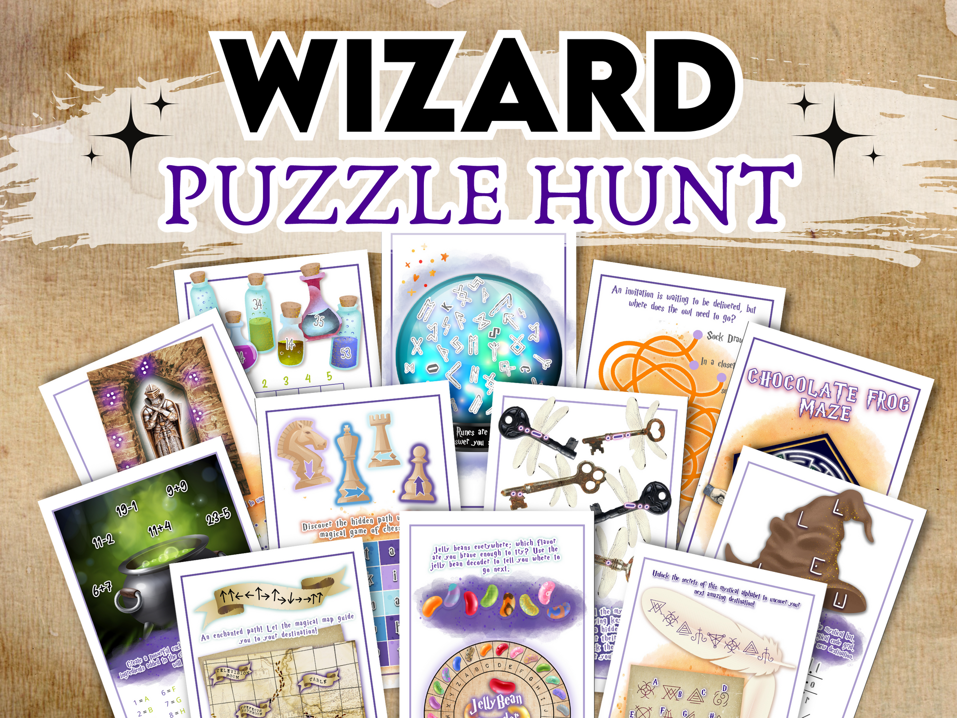 Promotional image for a Wizard Puzzle Treasure Hunt game, featuring various puzzle cards with wizardry-themed illustrations.