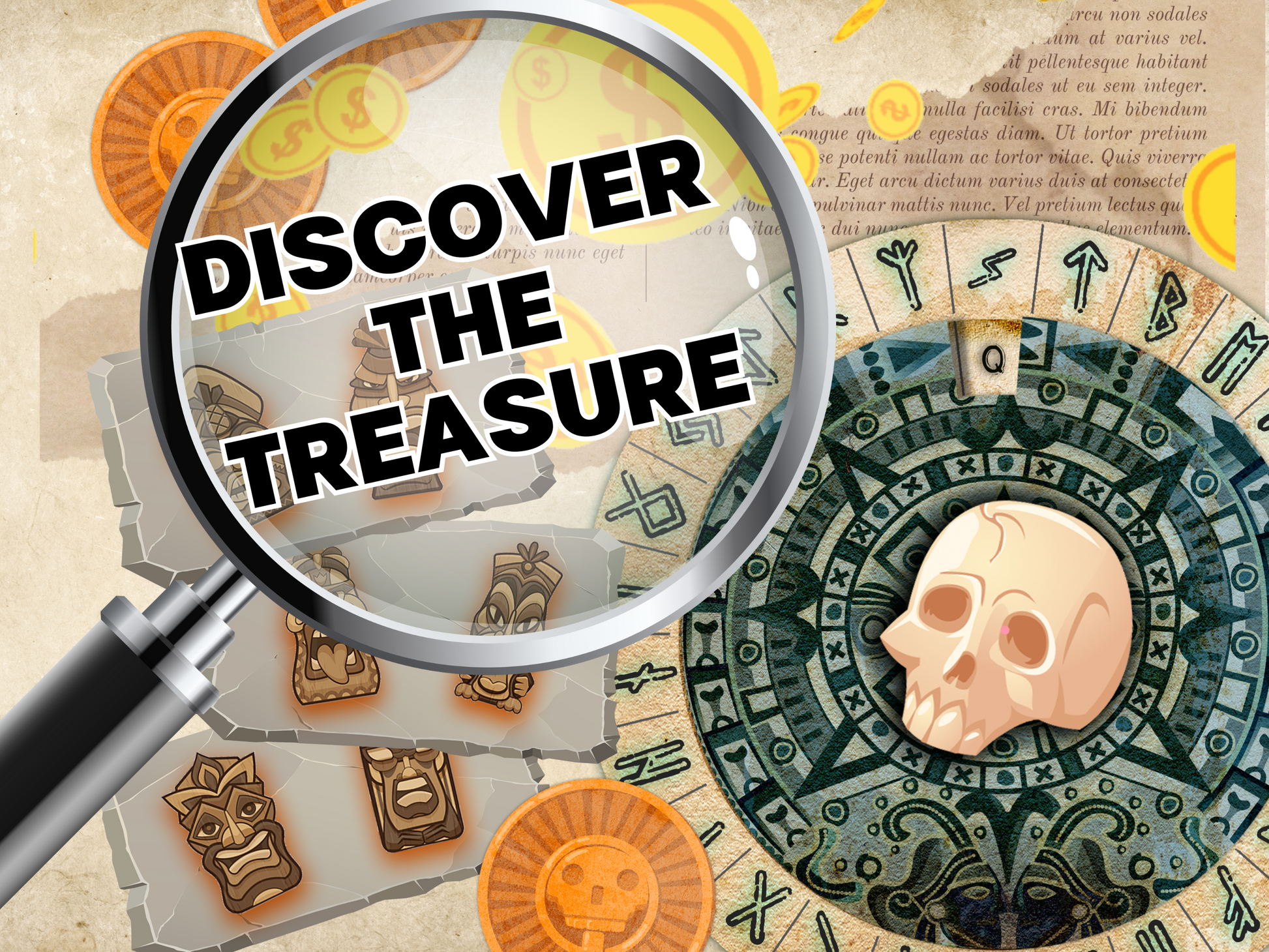 Magnifying glass with text, discover the treasure. Escape room puzzles in the background.