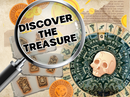 Magnifying glass with text, discover the treasure. Escape room puzzles in the background.