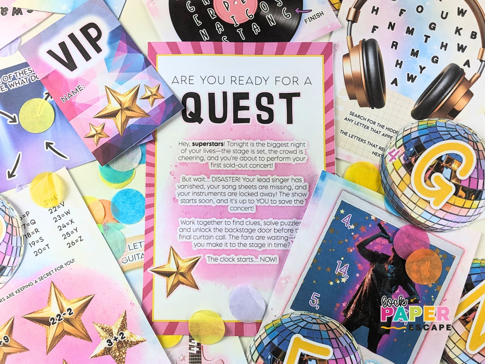 Colorful escape room puzzles with stars, letters, and a quest-themed text on a vibrant background.