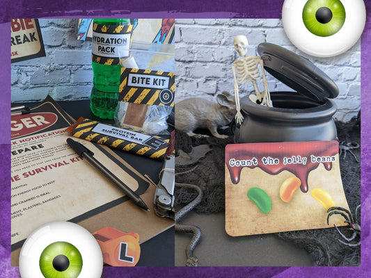 Halloween-themed zombie survival kit with skeleton, water bottle, and candy on a gray surface.