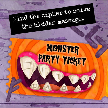 Monster-themed party ticket with a purple background and text.