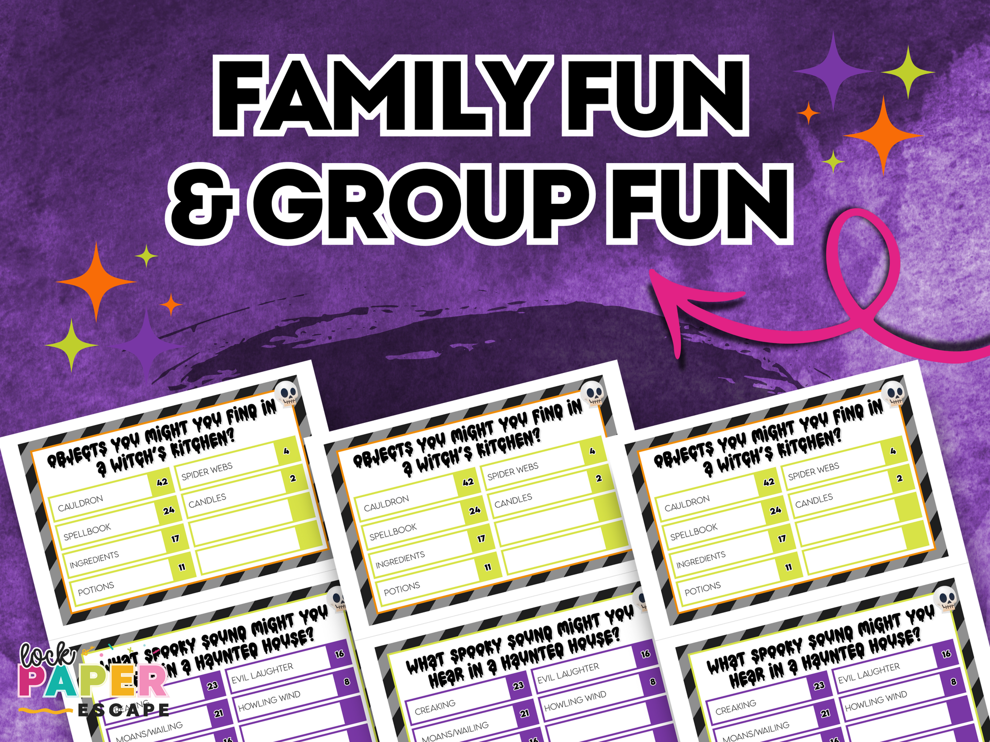 Halloween themed family game cards with text on a purple background