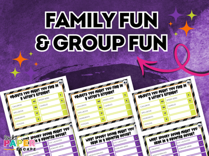 Halloween themed family game cards with text on a purple background