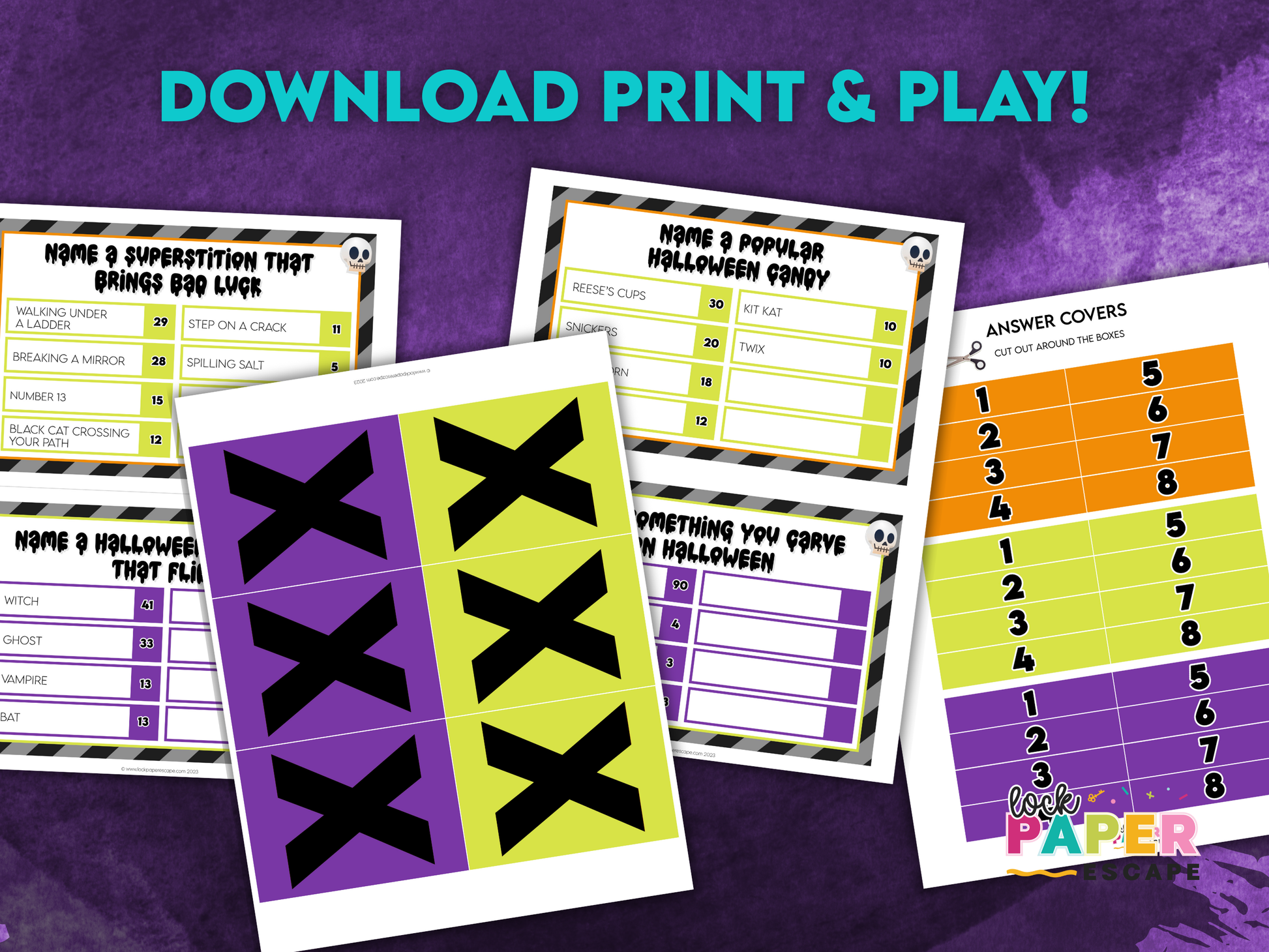 Halloween printable party game with questionnaires and answer covers on a purple background.