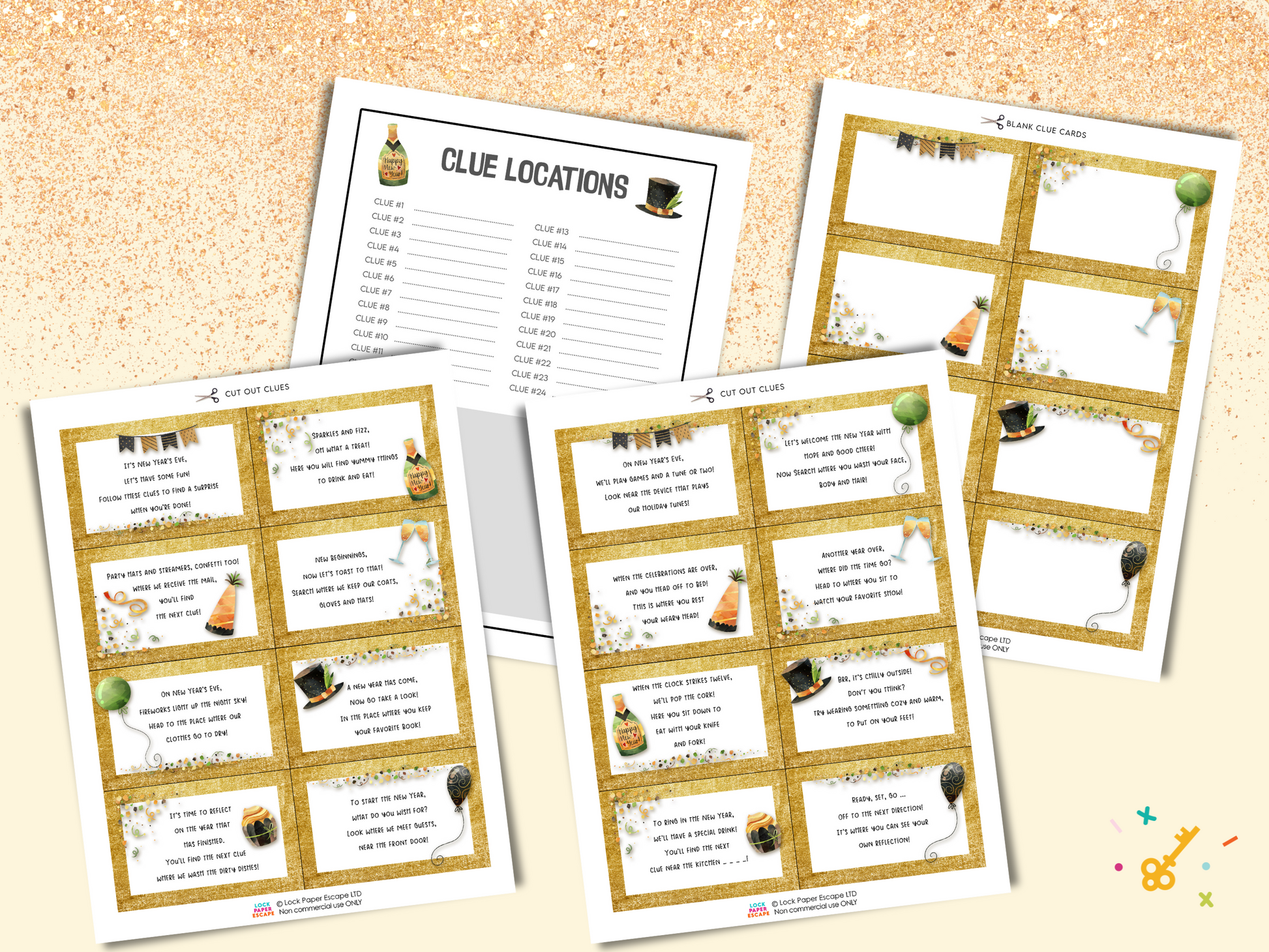 Promotional images of a set of new years treasure hunt clues.