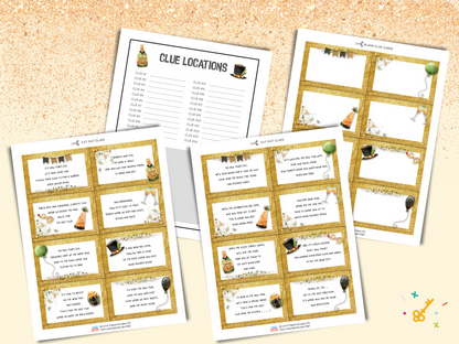 Promotional images of a set of new years treasure hunt clues.