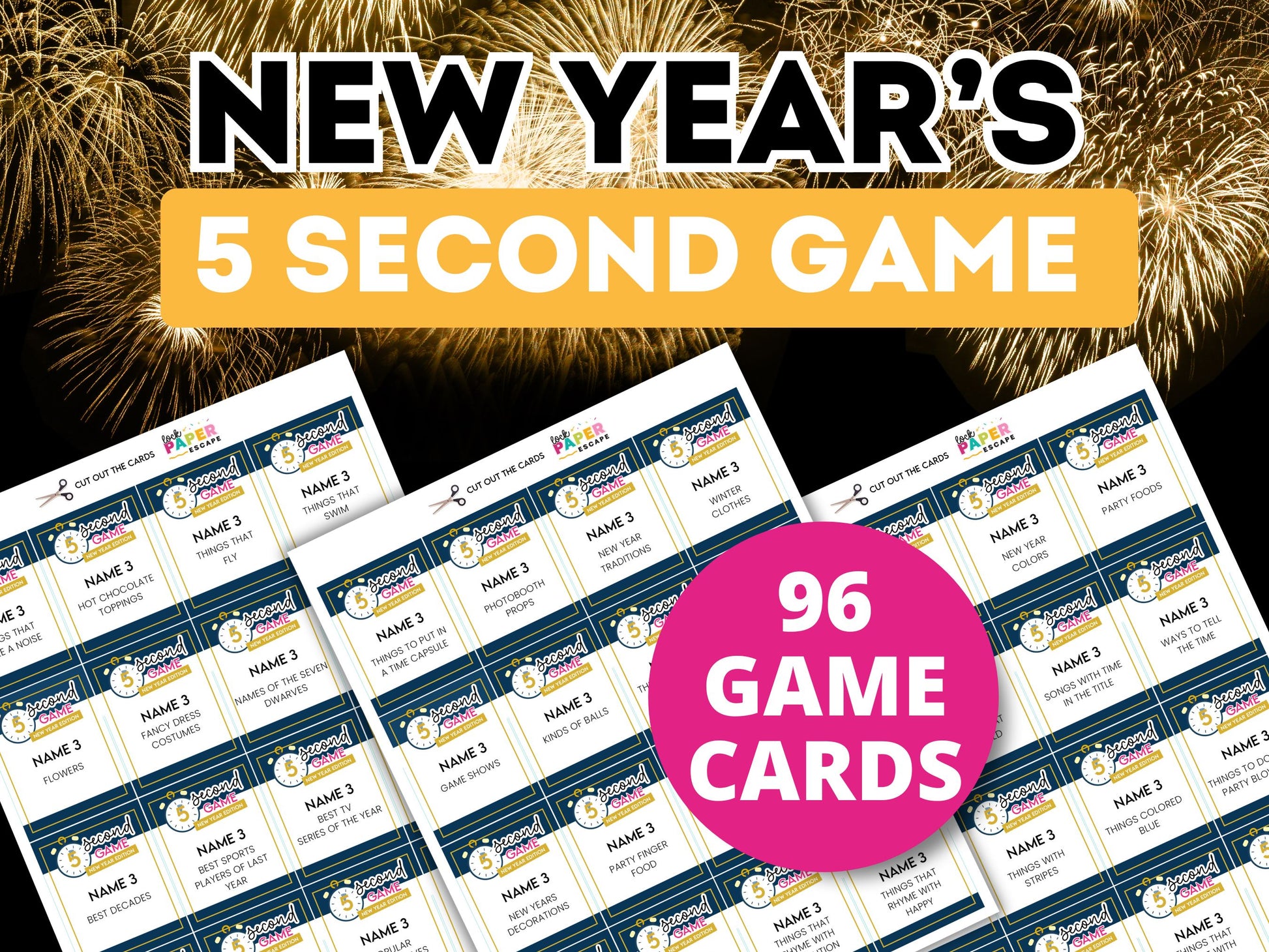 New Year's 5 Second Game with 96 game cards and fireworks in the background