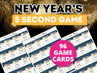 New Year's 5 Second Game with 96 game cards and fireworks in the background