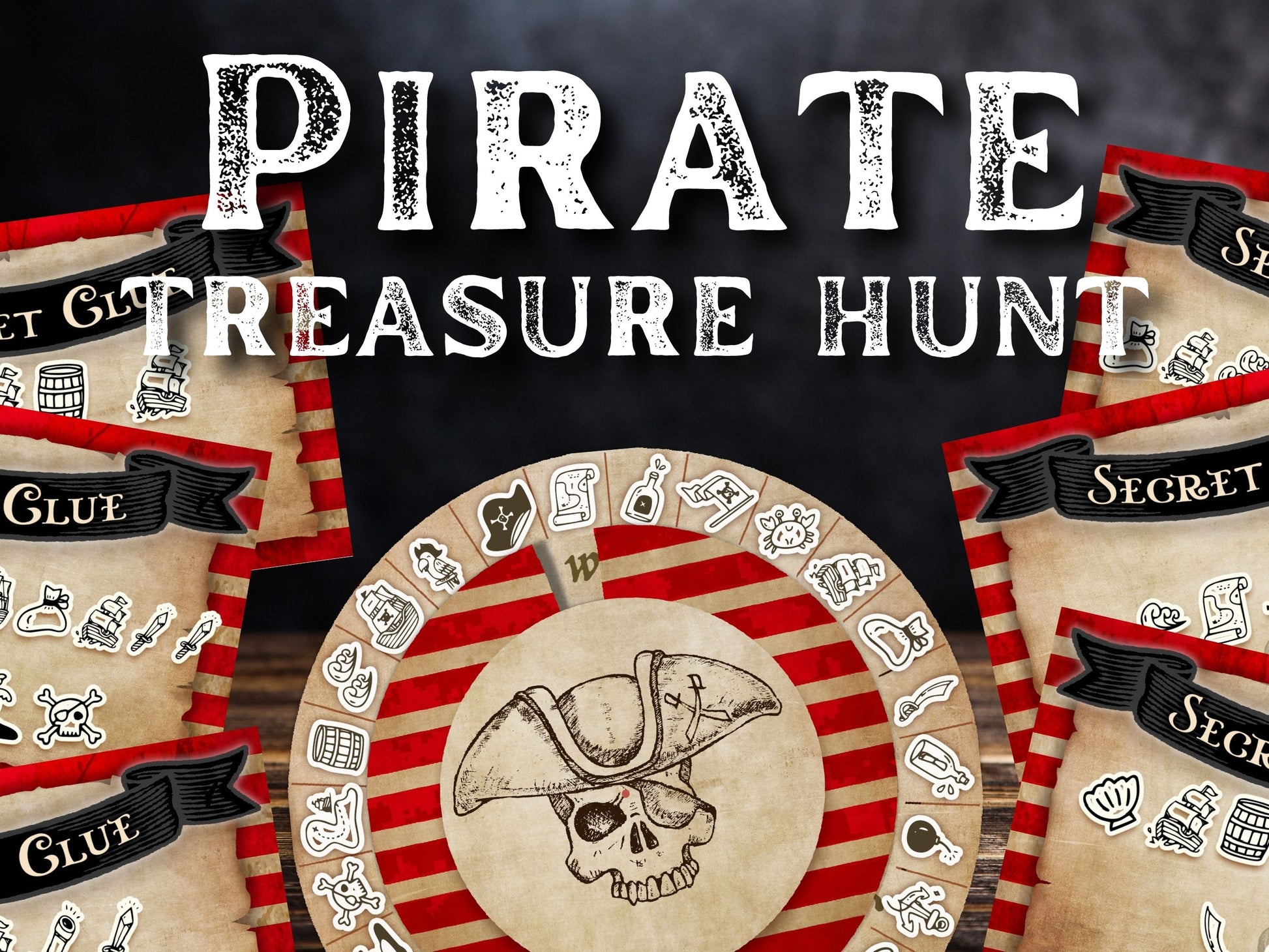A promotional image featuring a pirate-themed treasure hunt kit, with a decorated wheel and clue cards, indicating the product's use for organizing a pirate treasure hunt game.