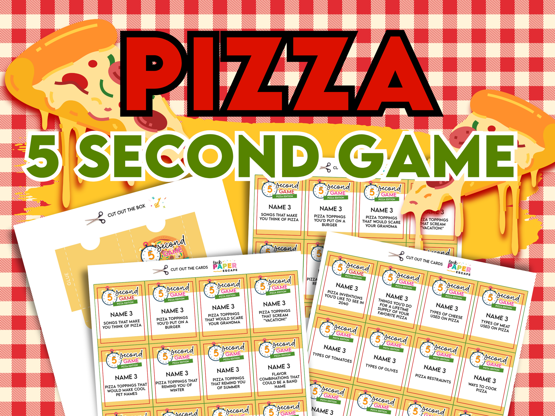 Pizza-themed game with cards and title '5 Second Game' on a red checkered background