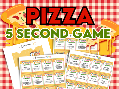 Pizza-themed game with cards and title '5 Second Game' on a red checkered background