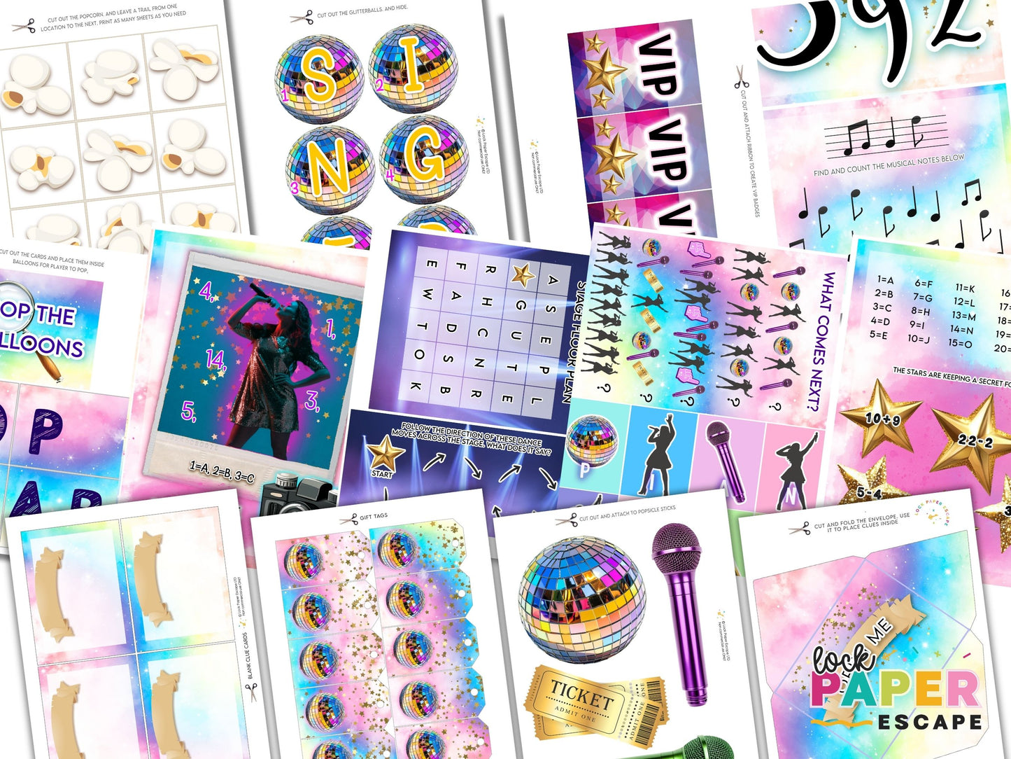 Collection of colorful escape room puzzle designs with various graphics and text.