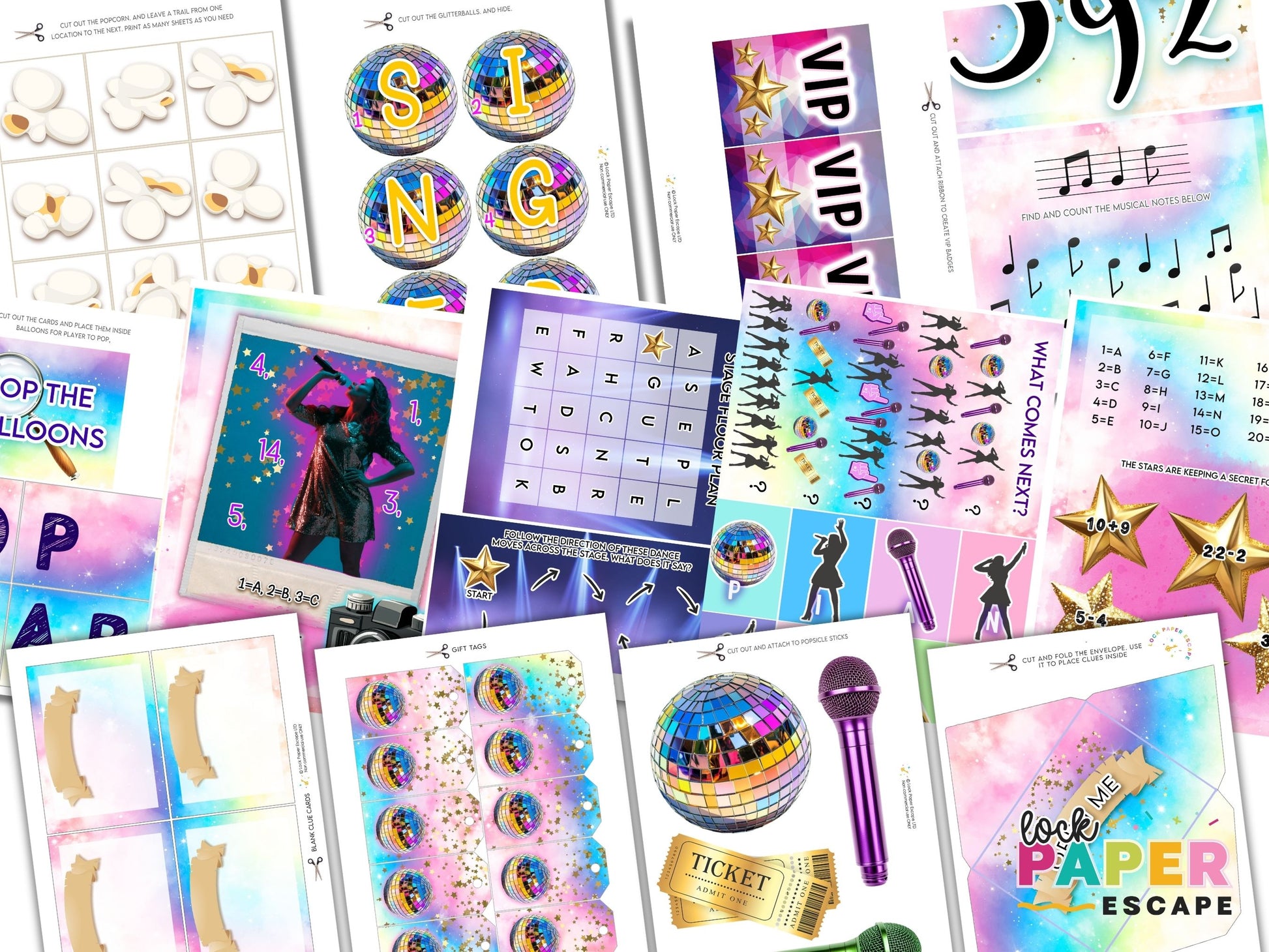 Collection of colorful escape room puzzle designs with various graphics and text.