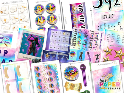 Collection of colorful escape room puzzle designs with various graphics and text.