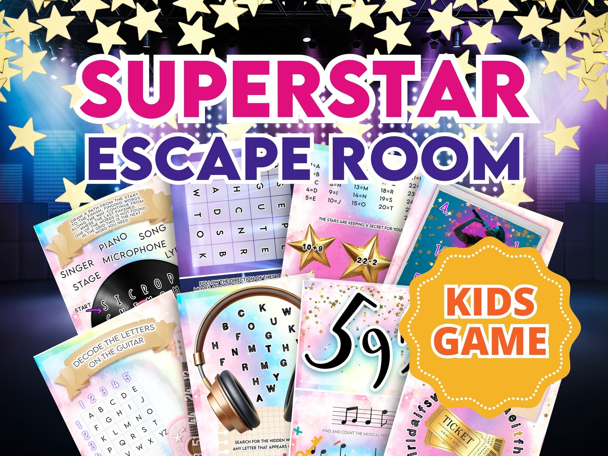 Superstar Escape Room Kids Game with colorful printable pages and stars on a dark background