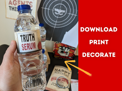 Clear bottle labeled 'Truth Serum' held by a hand, with a red overlay and text 'Download Print Decorate'.