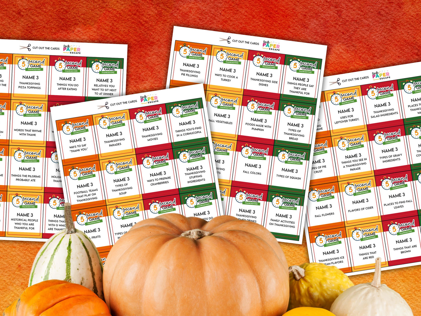 A promotional image for a Thanksgiving themed 5 second game, featuring a set of cards with various Thanksgiving-related prompts.