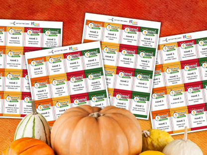 A promotional image for a Thanksgiving themed 5 second game, featuring a set of cards with various Thanksgiving-related prompts.