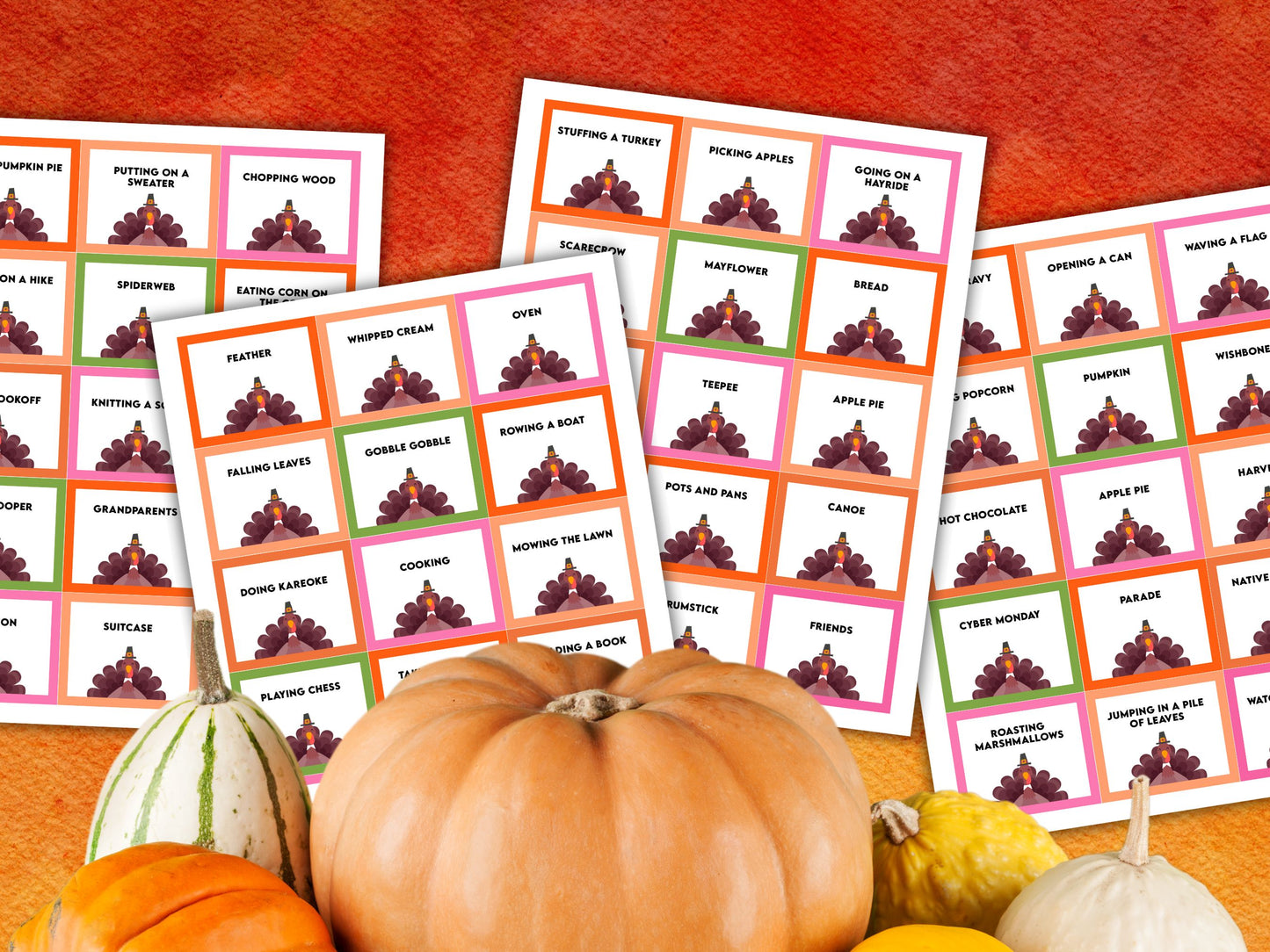 A promotional image for a Thanksgiving charades, featuring a set of cards with various Thanksgiving-related prompts with seasonal decoration.
