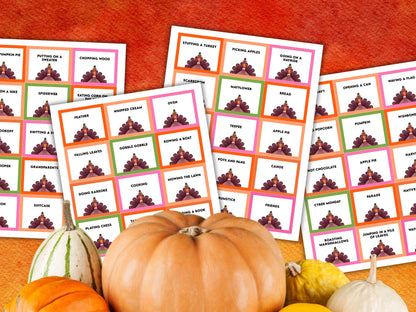 A promotional image for a Thanksgiving charades, featuring a set of cards with various Thanksgiving-related prompts with seasonal decoration.