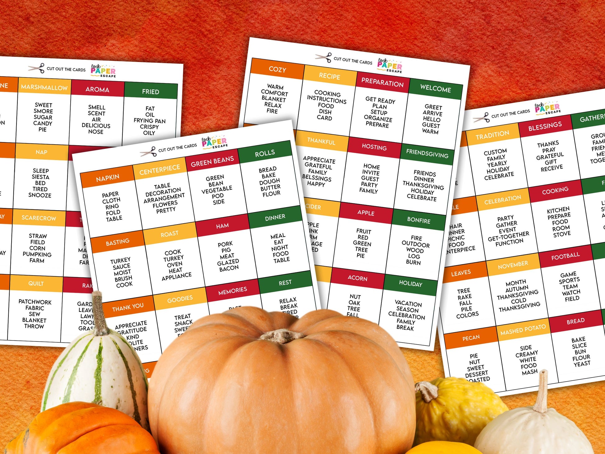 A promotional image for a Thanksgiving danger words, with various Thanksgiving-related prompts.