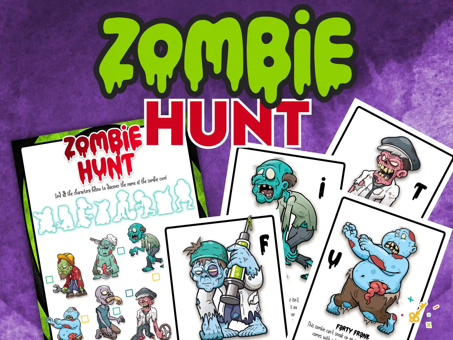 Zombie-themed scavenger hunt game cards on a purple background with 'Zombie Hunt' text.
