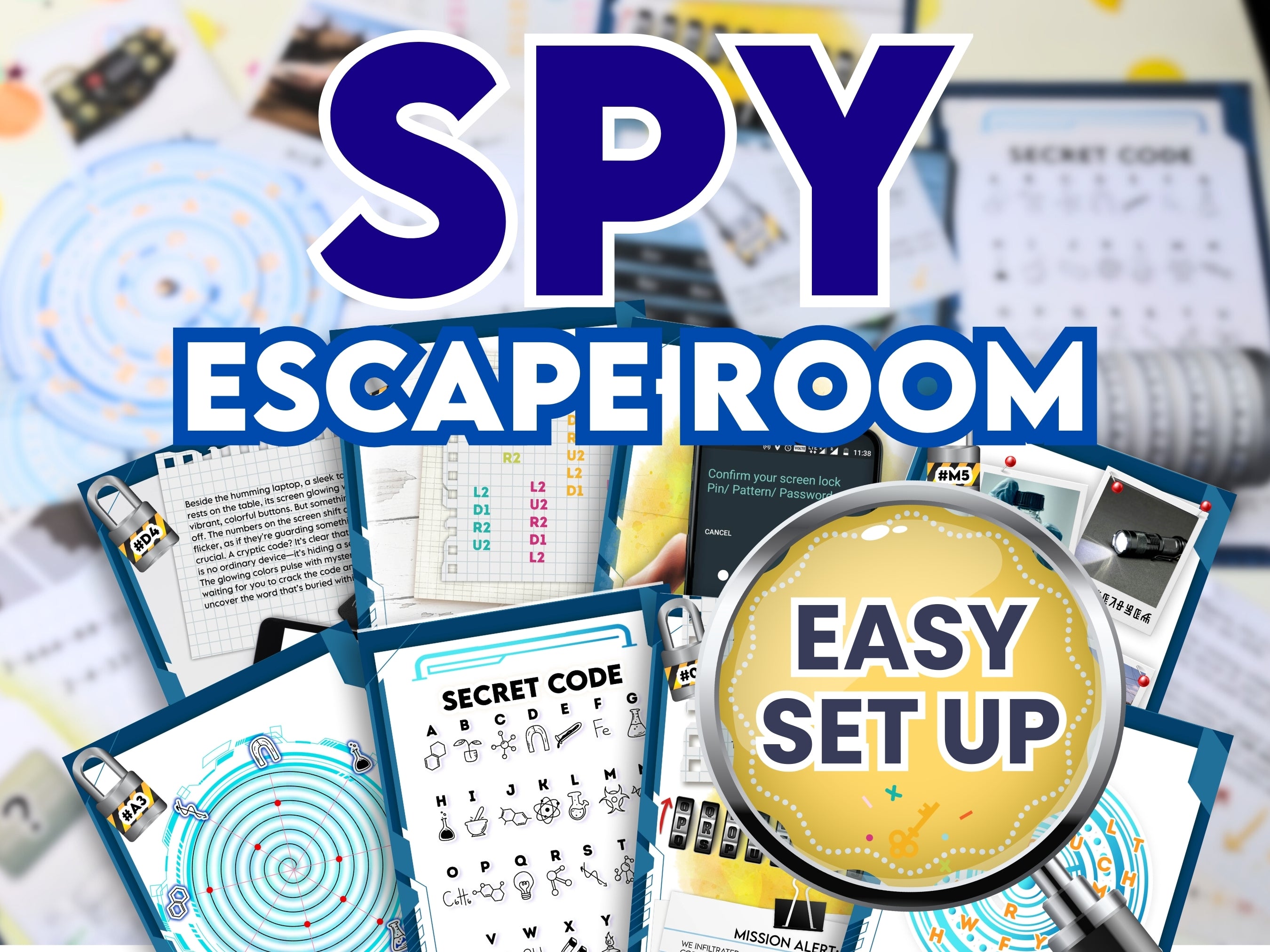 Spy escape room game setup with printed game and a magnifying glass, featuring text 'SPY ESCAPE ROOM' and 'Easy Set Up'.
