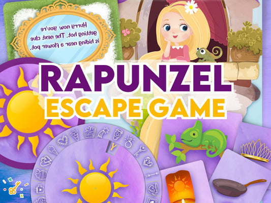 Promotional image for 'Princess Rapunzel Kids Escape Game' featuring colorful illustrations of the character Rapunzel in various playful poses, surrounded by puzzle-related elements like a puzzle piece and a magic mirror.