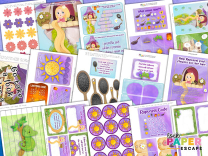 Promotional image for 'Princess Rapunzel Kids Escape Room Game' featuring colorful illustrations of the character Rapunzel surrounded by puzzle-related elements.
