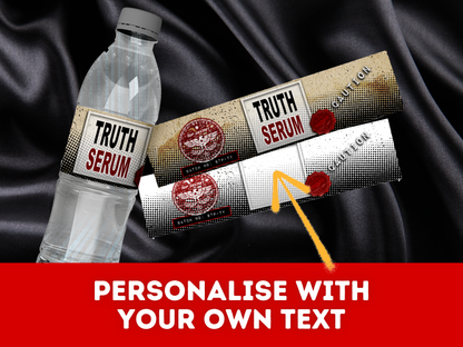 Bottle labeled 'Truth Serum' with packaging on a dark fabric background, text prompting personalization.