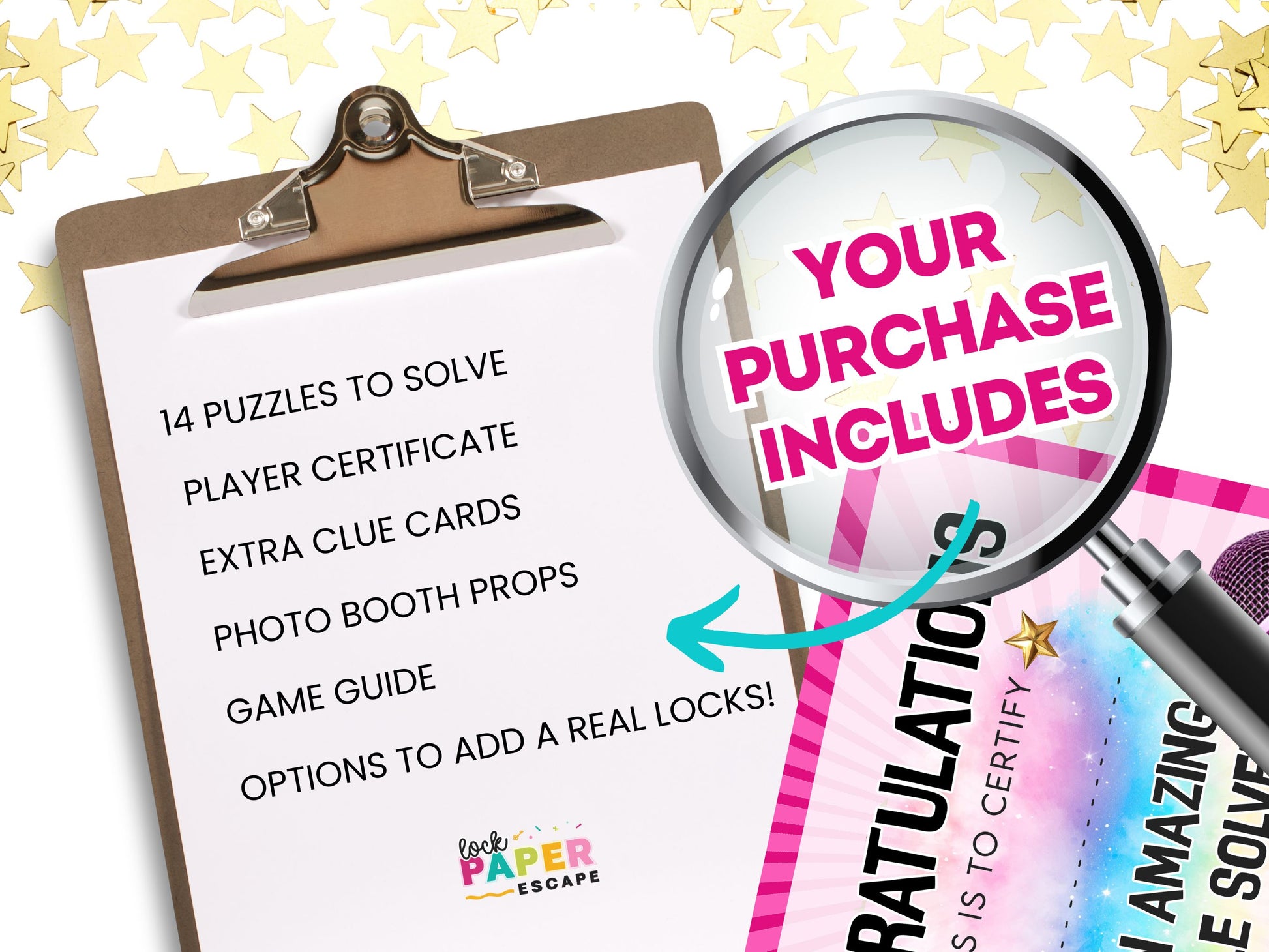 Promotional image of the pop star escape room with a magnifying glass highlighting text, on a white background with star decorations.