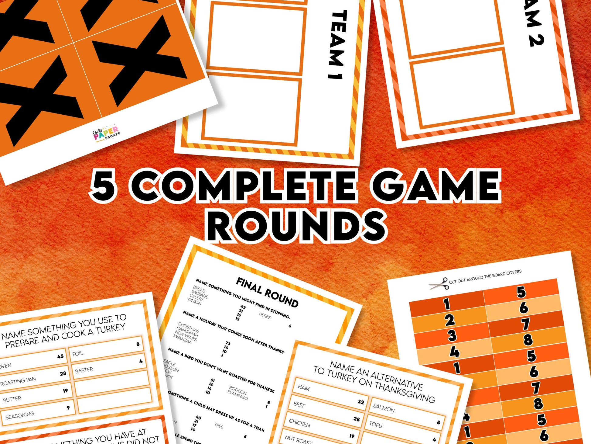 Promotional images of Thanksgiving friendly feud game with the text 5 complete game rounds.