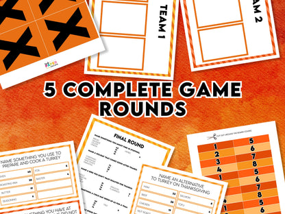 Promotional images of Thanksgiving friendly feud game with the text 5 complete game rounds.
