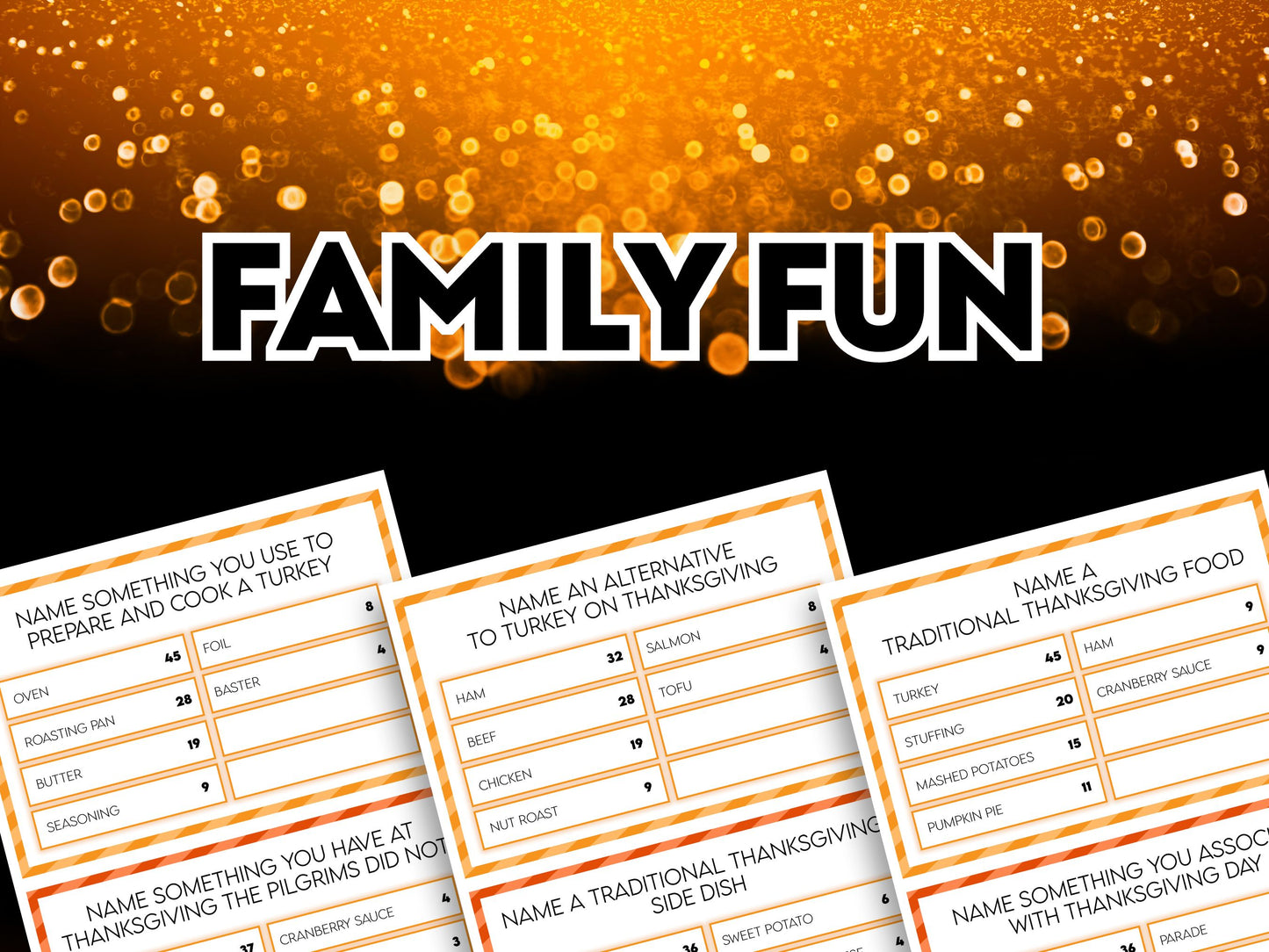 Thanksgiving friendly feud game promotional images with the emphasis on family fun.