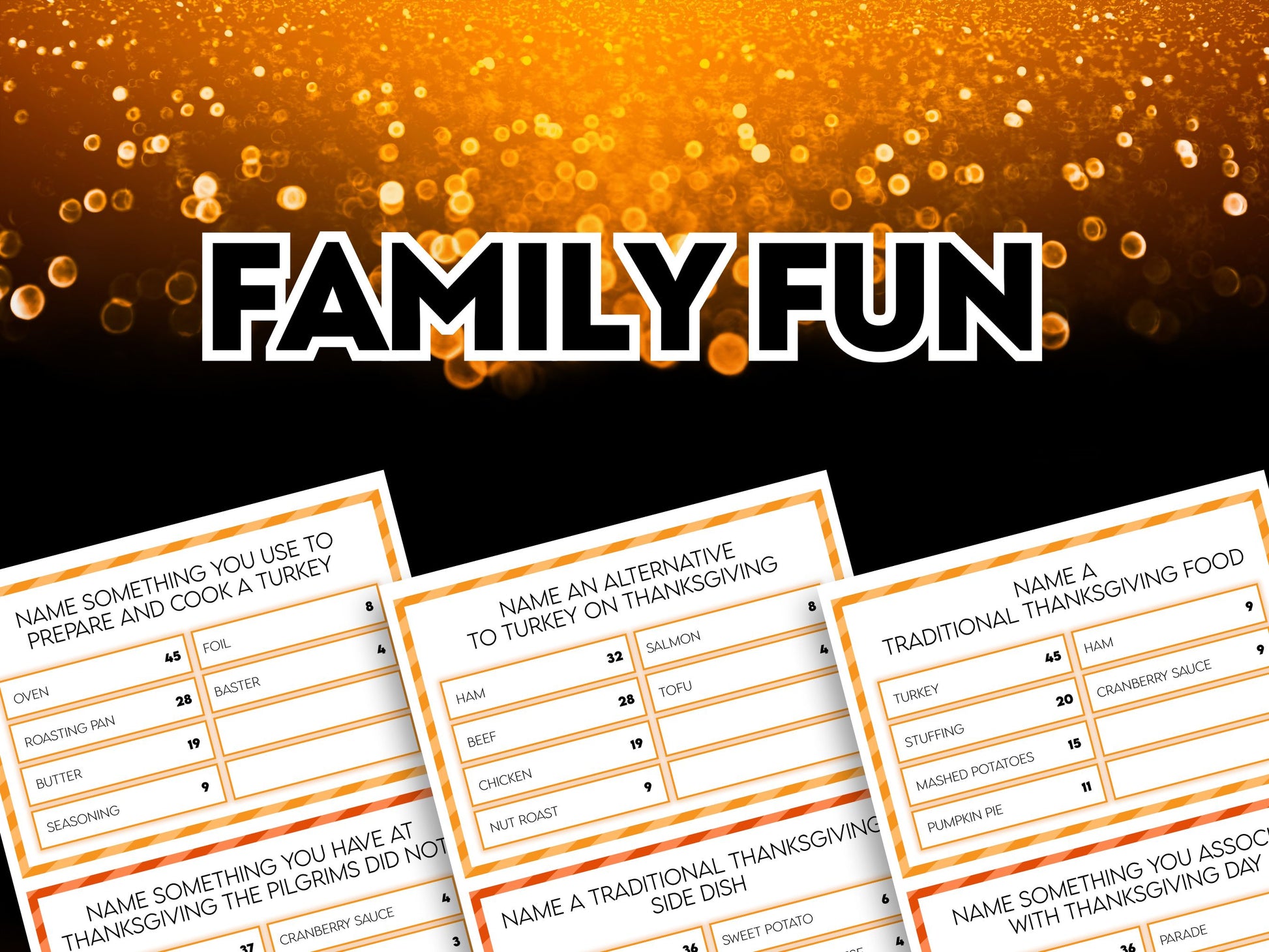 Thanksgiving friendly feud game promotional images with the emphasis on family fun.