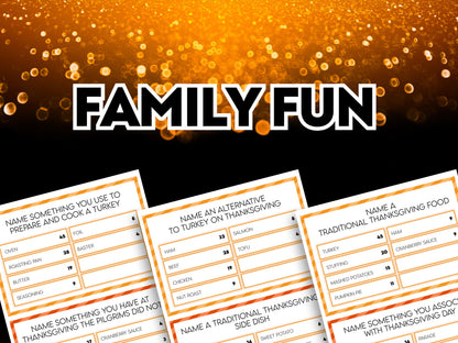 Thanksgiving friendly feud game promotional images with the emphasis on family fun.