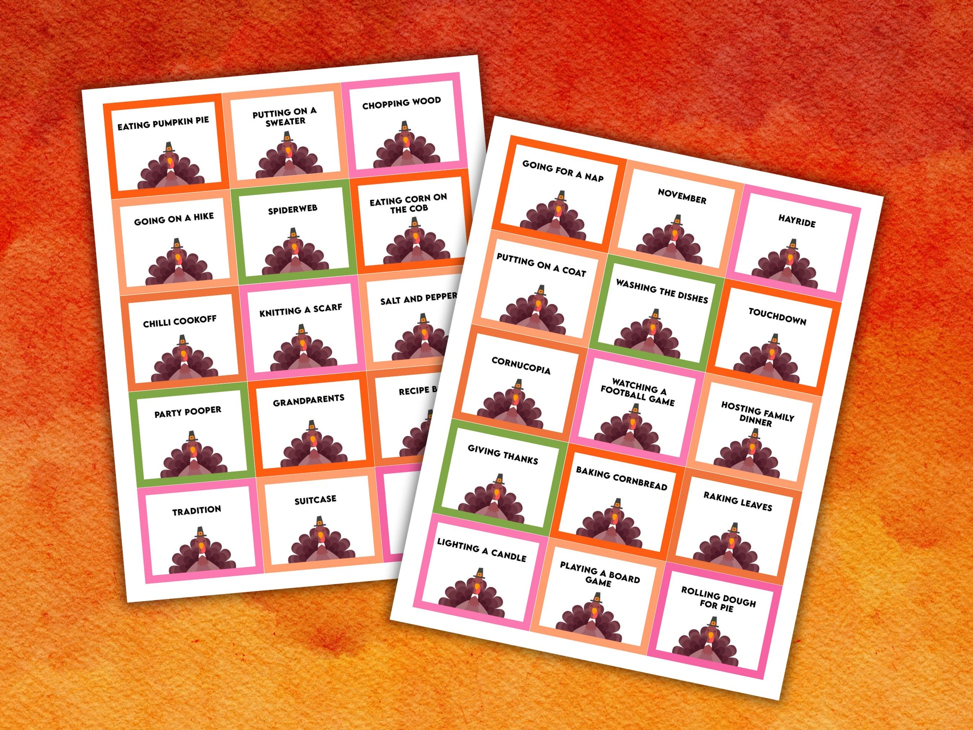 A promotional image for a Thanksgiving charades, featuring a set of two cards with various Thanksgiving-related prompts.