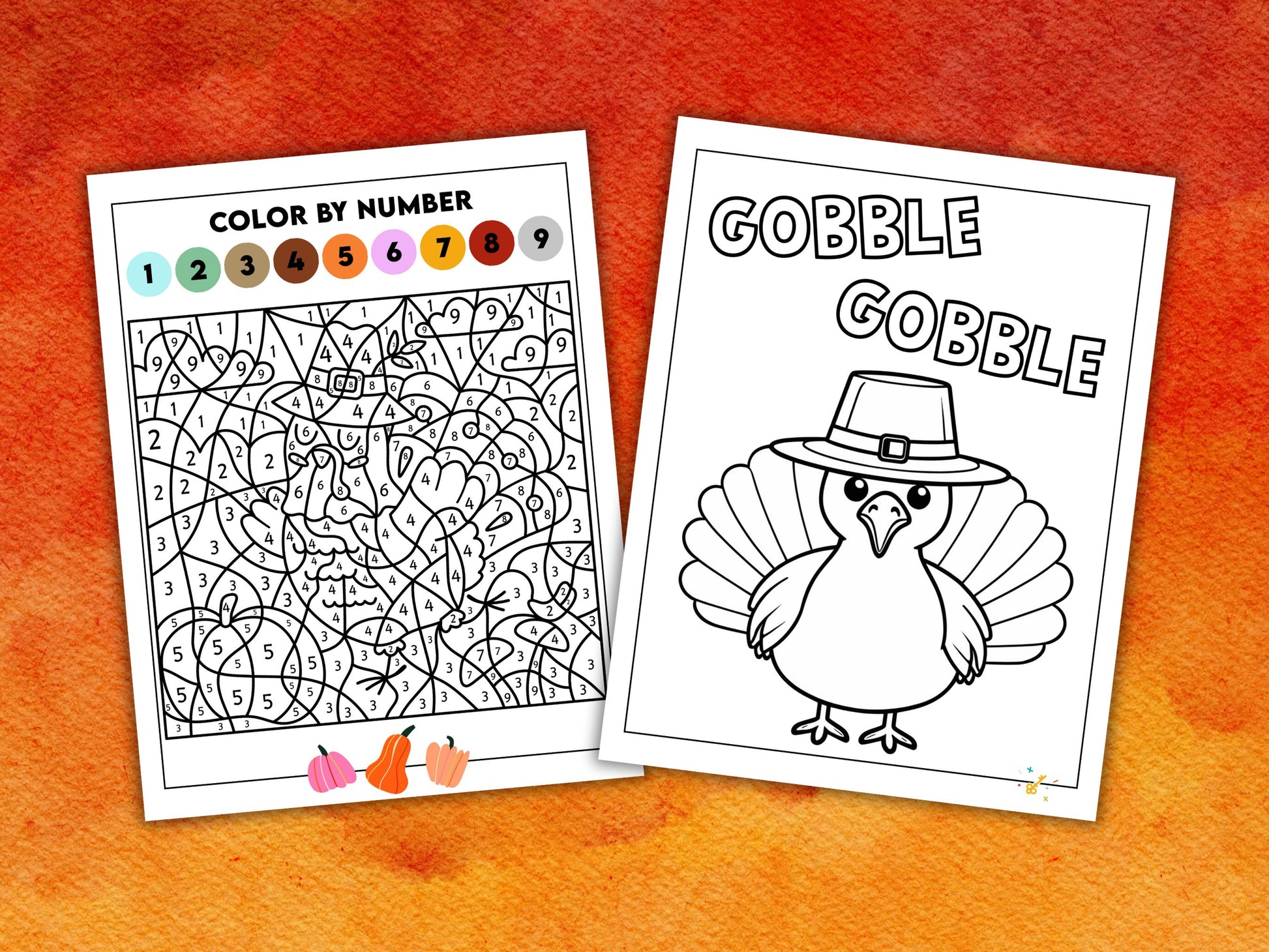 Two Thanksgiving-themed coloring pages, including designs like a turkey, color by number.