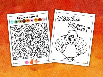 Two Thanksgiving-themed coloring pages, including designs like a turkey, color by number.