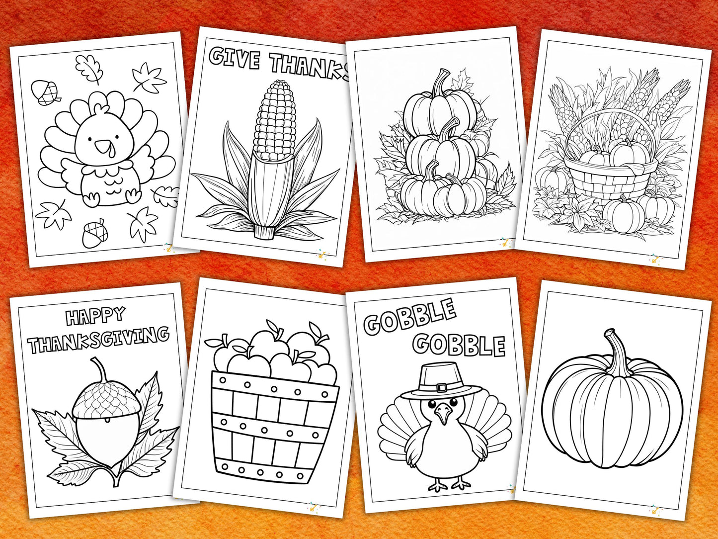 A collection of Thanksgiving-themed coloring pages, including designs like a turkey, pumpkin, and corn.